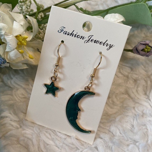 Celestial 💫 Earrings Moon Star Dangly Gold Green Blue Rich Iridescent - Picture 6 of 7